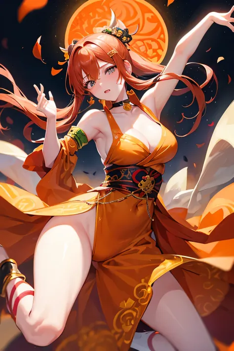 Beautiful woman with orange and brown ponytail、Eyes are yellow、shining brightly、one person、full of confidence々expression、mouth open、The wind is blowing、Oiran、Daki&#39;s Costume、Sheryl Nome、choker、Warm background、petals dance、Cool and bold pose、Exposure is ...