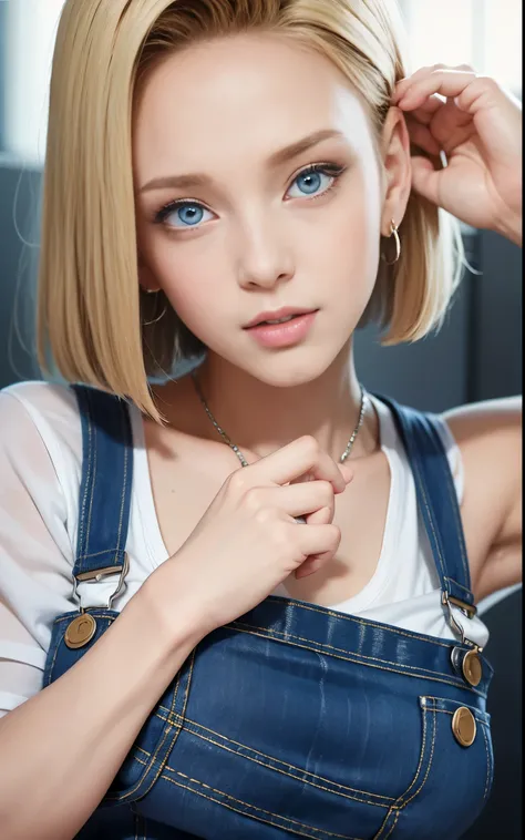 highest quality, High resolution, AND18, 1 girl, android 18, alone, blonde hair, blue eyes, short hair, cute smile，earrings, jewelry, Medium chest, Commonly known as amouranth, , money, Wearing overalls, slim girl model photo, revealing clothes, distressed...