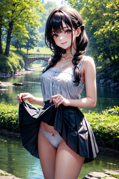 very cute and beautiful girl,(highly detailed beautiful face), white camisole,standing under big tree,cowboy shot BREAK (smile),happy,looking at viewer,(pleated blue mini skirt:1.2),(skirt lift,white panties), countryside,narrow river side,bridge,trees,sum...