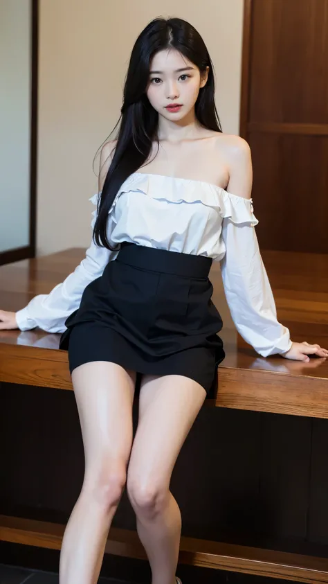 (((best quality, 8 thousand, masterpiece:1.4)), (20 year old woman), masterpiece, distinct, highres, high_quality, wide_shot, small_face, absurdly_short_hair, female, sagging_breasts, balancing, stretching, gentle_face, bare_shoulders, center_opening, down...