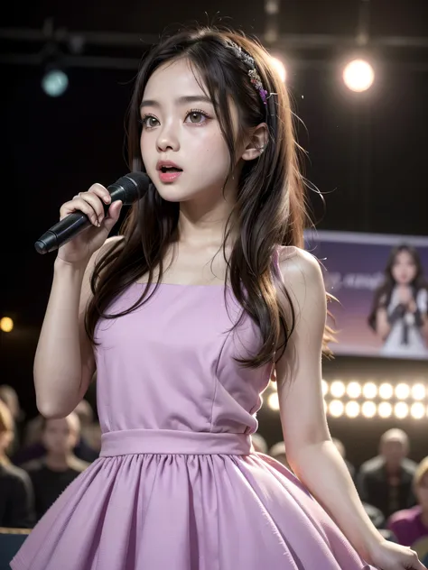 (High level image quality、high quality、High resolution、detailed、masterpiece）, shikamimi, Photographed with canon eos 5d, Purple Red Outfit、17 years old、rorish, perform on stage,  concert photos, cute core、(((watching the audience)))、Very beautiful and beau...