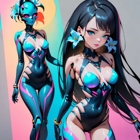 ((Create MaxZenArt!))_((One, 1 girl, tattoos, glowing tattoos, shiny, white-fluffy 16+), (skulls, flowers), (black transparent clothes-dress)), (sexy, erotic)) _((Delicate scarlet lips), (straight black hair - long, highlights, blue, cascading), (multi-col...