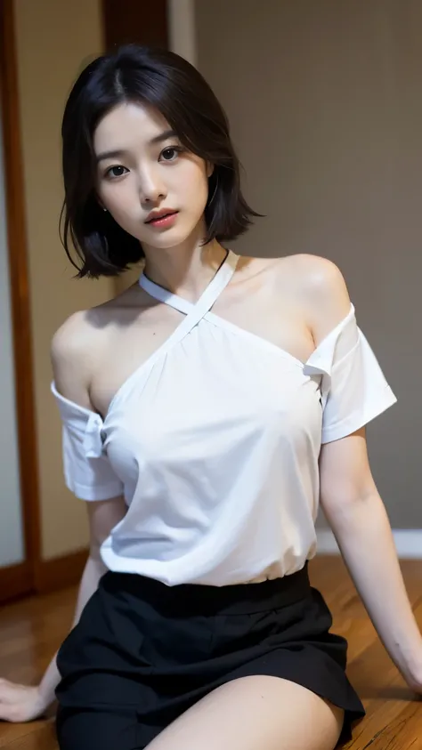 (((best quality, 8 thousand, masterpiece:1.4)), (20 year old woman), masterpiece, distinct, highres, high_quality, wide_shot, small_face, absurdly_short_hair, female, sagging_breasts, balancing, stretching, gentle_face, bare_shoulders, center_opening, down...