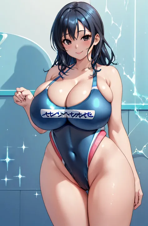 nsfw,(1girl:1.5),(under breasts:2.0),(Smile Beam:1.5),((huge breasts:1.5)),(huge saggy breasts:1.5), ((cleavage:1.5)),((blue competition swimsuit:2.0)),((High leg:1.5), 20 years old,masterpiece,hyper quality, very detailed,perfect picture,3D,8k,High resolu...