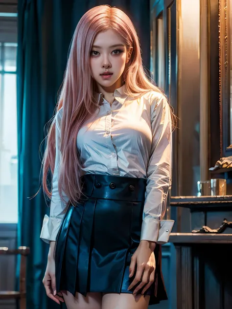 top-quality, ​masterpiece, high-detail, 16k picture quality, Beautiful , pink hair, beautiful eyes, Uniforms, White blouses, black skirt blushing, Looking at the camera, (korean student suit), Ultra realistic, Highly detailed，8K HD CG works，High-quality gr...