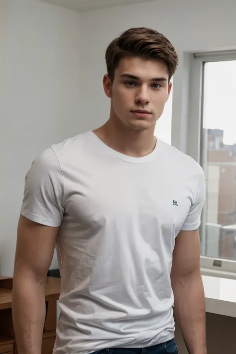 Photo-realistic of 20 years old American man in the room, wearing white T-shirt, looking camera, 4K