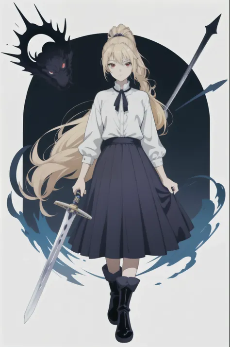 anime girl holding a sword in front of a dark background, she holds a sword, fate-like anime style/overnight, main animation art...