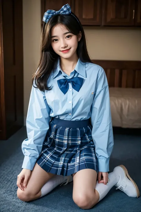 ((best quality)), ((masterpiece)), (detailed), perfect face，Full body portrait，Light blue collared shirt，Long-sleeved blue plaid skirt，Dark blue bow on chest，16 year old girl，Smile，kneeling position，white socks