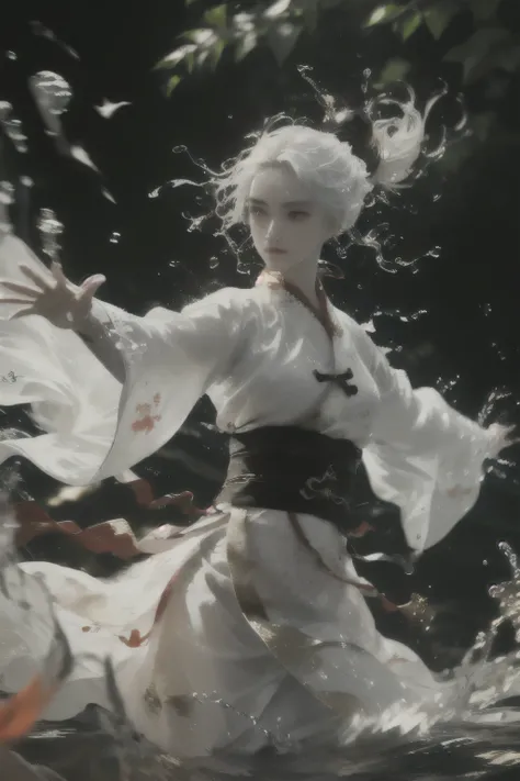 ultra high resolution, ((masterpiece))), (((best quality))), ((super detailed)),  ((extremely delicate and beautiful)),cinematic light, detailed environment(real), motion blur, depth of field, Black background
1 girl,solo, (white hair:1.2), (dark red and...