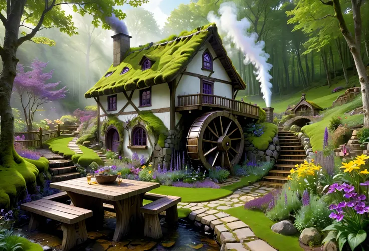 fairyland、the fairies are in the garden、white clay wall、green moss roof、in the deep forest、the stream is flowing、there is one la...