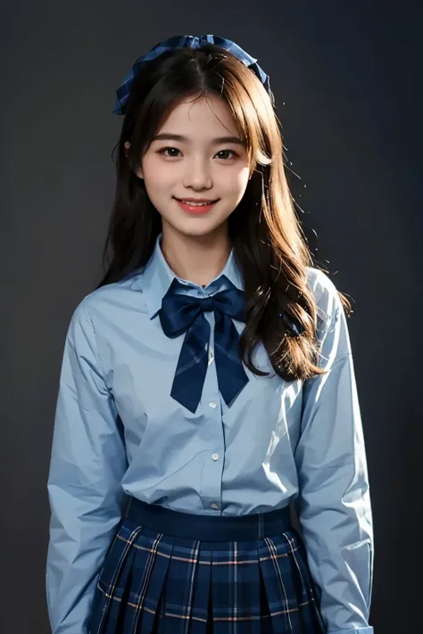 ((best quality)), ((masterpiece)), (detailed), perfect face，Full body portrait，Light blue collared shirt，long sleeves，Dark blue bow on chest，Blue plaid skirt，16 year old girl，Smile