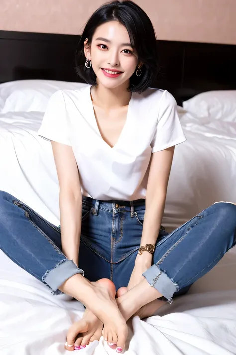 ８Ｋ、A beautiful and elegant woman sitting on the bed in her room、black hair、ear piercing、smile、beautiful teeth、blouse、skinny denim、Nails on toenails、full body photo