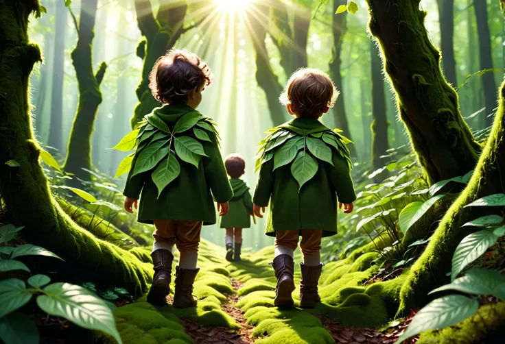 little people walking across thick, mossy tree branches、the little people wear clothes made of leaves、in the deep forest、the sun...