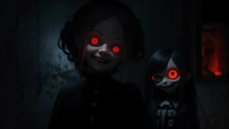 "A creepy possessed doll with glowing red eyes and a twisted smile."