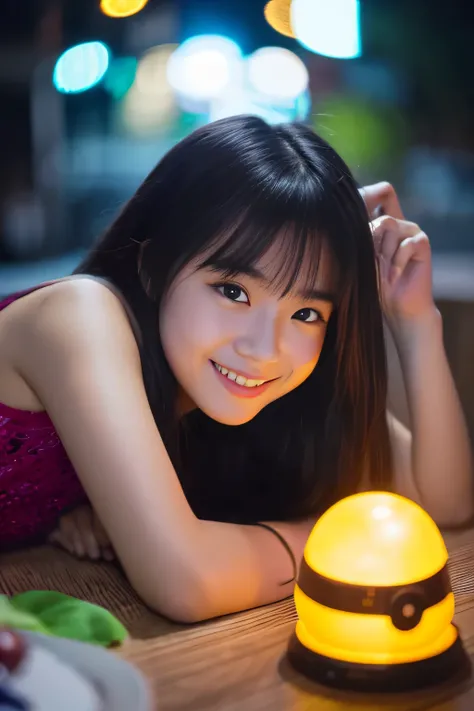 table top, highest quality, 8K, 15 year old student, teen, Raw photo, absurd, award-winning portraits, smile, smile, alone, night, neon, idol face, violaces, gardenia, delicate girl, Upper body, Digital single-lens reflex camera, looking at the viewer, Fra...