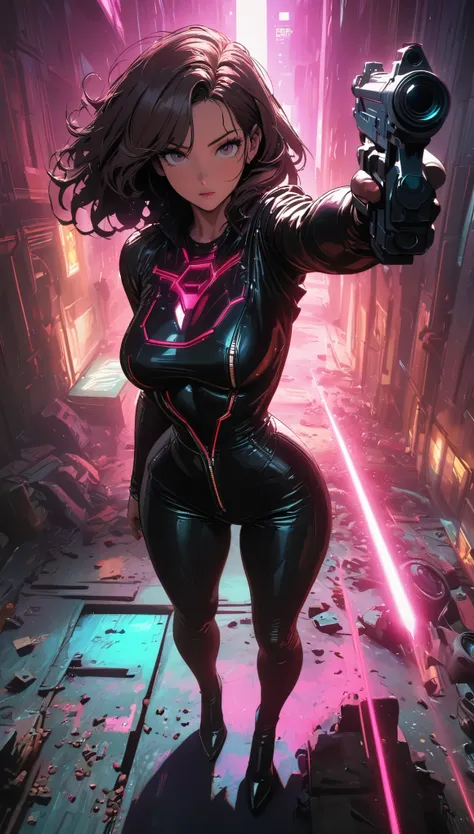 
cyberpunk style，30-year-old mature and charming woman，Leather jumpsuit covers the whole body，High-heeled leather shoes，Pointing a laser gun at me，open fire，There are many small pieces of gravel floating around，Beautiful，Glowing special effects，celluloid s...