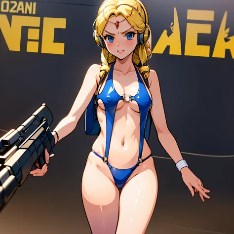 Imperial Guard Combat Uniform Swimsuit, o-ring bikini, v gundam, swimsuit, absurdres, highres, solo, cowboy shot, 1girl, neneka nibrou (cosplay), wristband, headphone, holster, backpack, holding gun, aiming, perfect hands, wind, small breast, (highres,best...