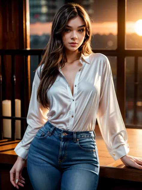 arafed woman, long brown hair, brown eyes, seductive look, white low-cut silk shirt, blue fitted jeans, sunset modern metropolis, spot lighting, light on hair, shallow depth of field, homogeneous background, looking at viewer, sexy