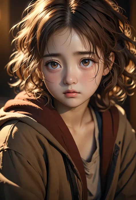 (Model shooting style), A sad homeless little girl ((Wearing worn-out clothes)), (Shy), 1 girl, alone, brown、curly、messy hair, The facial details are very rich, beautiful eyes, [chubby], Lovely, ruddy complexion、Mitsuto, sad eyes, Astonishingly beautiful, ...