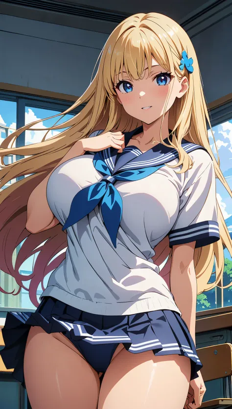 (anime artwork, anime style, studio anime, very detailed, up to date, vibrant, Anime Coloring, high contrast, masterpiece:1.2, best quality, best aesthetics), woman in sailor suit, pleated skirt, big breasts, hair accessory, A glimpse of thighs, blonde, lo...