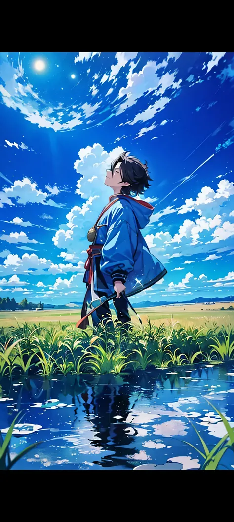 Generate the digital art of tanjiro kamado ,which is the Anime character of demon slayer, he is standing in the field of tall grass , looking up at sky , the sky is blue with few white clouds and a single shooting star 