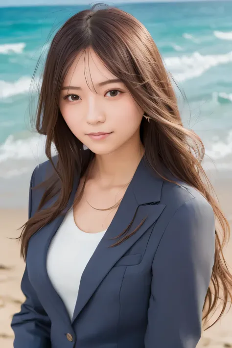 1 girl, beautiful, cute, professional lighting, highest quality,well-groomed face,(suit:1.7),long hair, clear, beautiful,beach