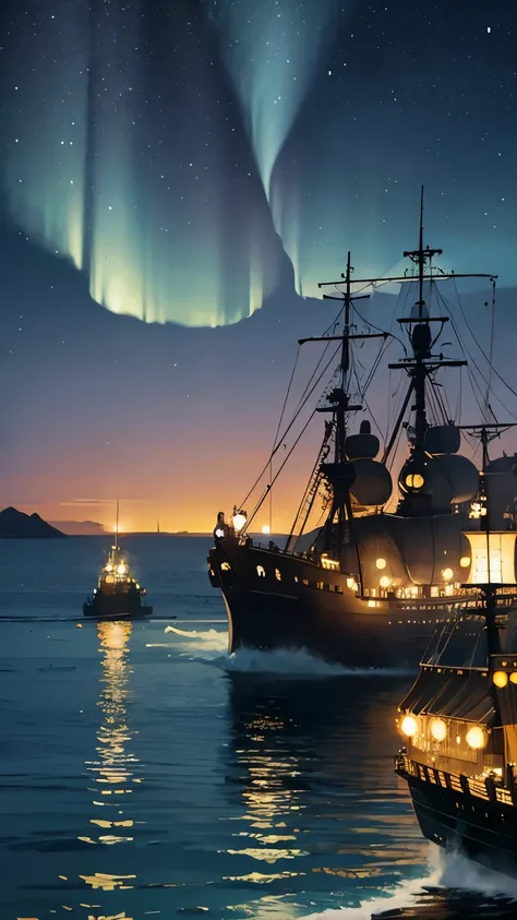 steampunkai。Arctic Ocean at night。aurora。An old battleship is sailing。