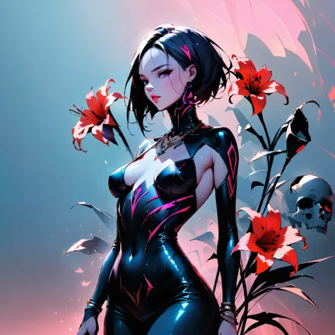 ((Create MaxZenArt!))_((One, 1 girl, tattoos, glowing tattoos, shiny, white-fluffy 16+), (skulls, flowers), (black transparent clothes-dress)), (sexy, erotic)) _((Delicate scarlet lips), (straight black hair - long, highlights, blue, cascading), (multi-col...