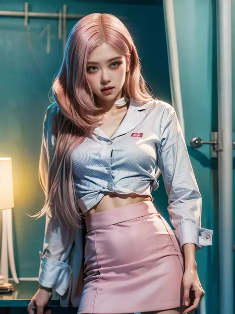 top-quality, ​masterpiece, high-detail, 16k picture quality, Beautiful , pink hair, beautiful eyes, Uniforms, White blouses, black skirt blushing, Looking at the camera, (korean student suit), Ultra realistic, Highly detailed，8K HD CG works，High-quality gr...