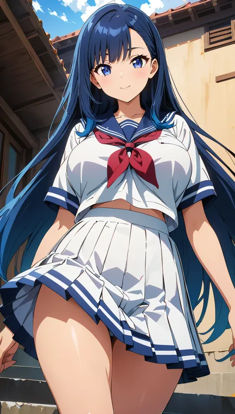 (anime artwork, anime style, studio anime, very detailed, up to date, vibrant, Anime Coloring, high contrast, masterpiece:1.2, best quality, best aesthetics), woman in sailor suit, pleated skirt, big breasts, A glimpse of thighs, blue hair, long straight h...