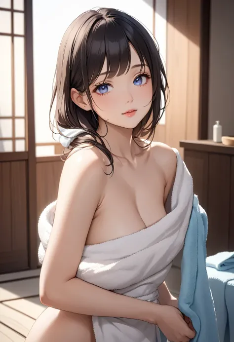 (((high resolution)))、(((masterpiece)))、Japanese beautiful girl、30 years old, detailed face, detailed eyes, perfect face、cute face, (((off shoulder towel))), all body
