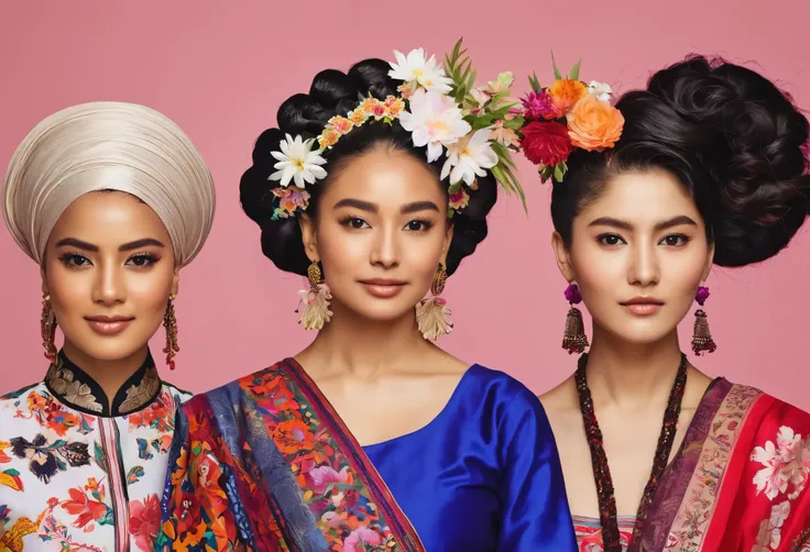 women from different ethnic backgrounds, each showcasing unique hairstyles, traditional attire, and vibrant floral elements