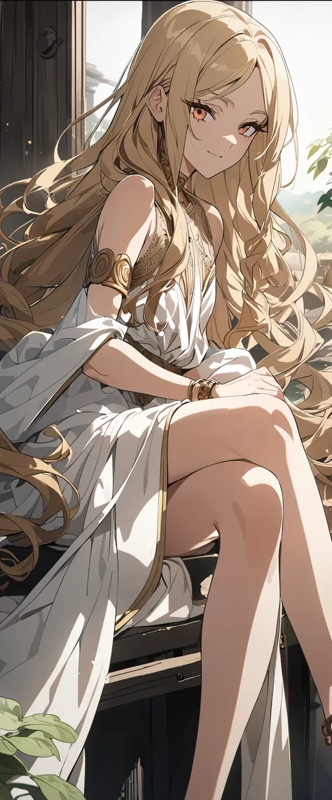 The woman, mature, anime screen capture, animated, by famous artist, from side, crossed legs, ancient clothing, roman clothe, woman, Fluttering long hair, long curly hair, gold hair, lace, floating hair, Delicate face linen, Expressionless, slightly smilin...