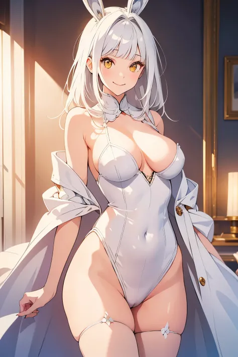 masterpiece, best quality, 1 woman, detailed beautiful face, white bunny costume, white hair, yellow eyes, white skin, smiling, flat chest, beautiful thigh