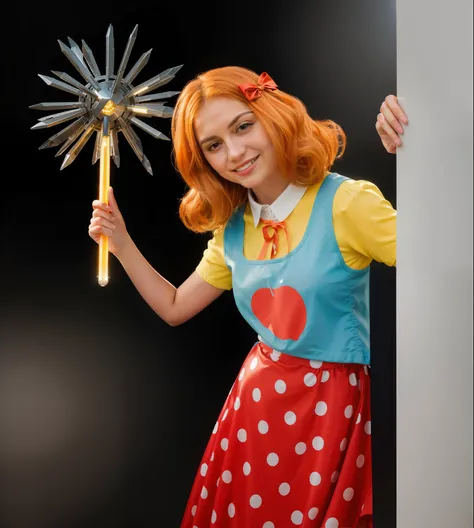 A woman with orange hair and a blue and red dress is peeking out from behind a wall. she is holding a mace, rim light, multiple light sourses/ woman looks like a doll. doll cosplay, cartoon doll girl with a mace in her hand, doll, game character, videogame...