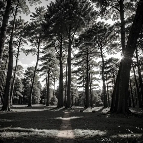 Create a captivating black and white or grayscale image suitable for laser engraving on wood. The image should depict a majestic forest scene, evoking a sense of tranquility and awe. Here are some detailed specifications:

Composition:

The focal point of ...