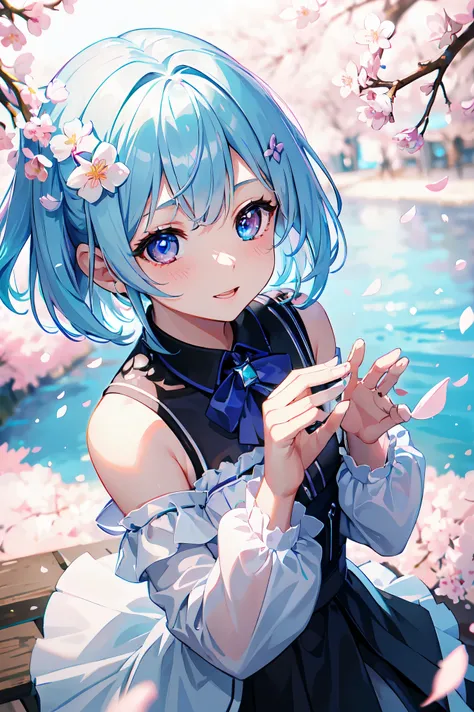 1 girl、bluish-silver hair、(Heterochromic droopy irises,shineing eyes:1.4)、、10 years old、big smile、thin、blurred background、shine、shining hair、(spring、cherry blossom petals dancing in the wind、From above、There&#39;The girl behind the cherry blossoms:1.3),amb...