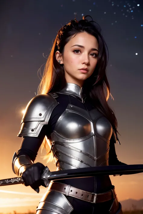 nina dobrev, medium close up shot, black tight metal armor, holding a sword, very long dark hair, night sky, deserted landscape, high quality, detailed image, masterpiece