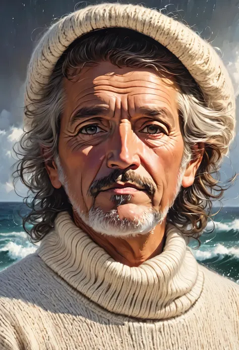 Portrait de visage robuste (Old fisherman:1.3), (Mise au point du visage:1.5), (storm:1.2), (vague:1.3), ocean, (fond de phare:1.3), (Tir de cow-boy:1.4), (white turtleneck knitted sweater:1.3), en regardant le public, real, chef-d&#39;artwork, best qualit...