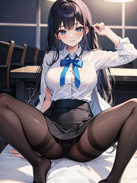 1 girl, five fingers, pencil skirt, looking down at the audience, Double tail, best quality, Panty focus, dynamic poses, Smile is seductive and smug, suit, black pantyhose, under pantyhose,  female office worker, spread legs，sexy and seductive，blush，stick ...