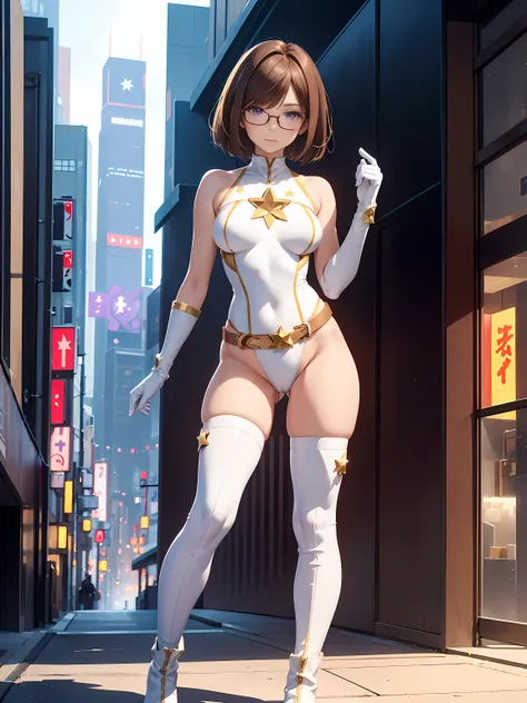 1girl, medium breasts, leotard, white and red leotard, bare legs, tight belt, gold belt, boots, matching boots, ankle boots, white boots, gloves, white glove, city backdrop, tokyo city backdrop, solo, single, standing, full body shot, cowboy shot, superher...