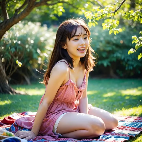 a beautiful sunny day,girl in a pink sundress playing in a flower-filled garden,soft sunlight shining through the leaves and cas...