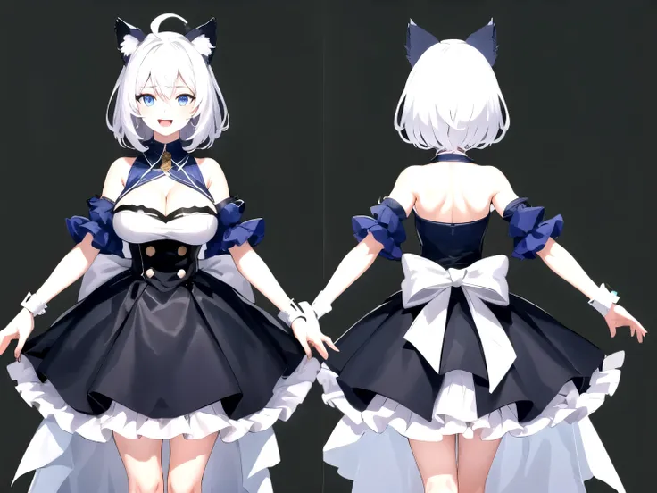 ((upright)), ((arm to the side)), looking at the viewer, simple background、white background, 1 girl, open your mouth, smile, Virtual YouTuber、with a girl、((highest quality, expensive_solve, clear_image)),(black hair), (black cat ears), (Ahoge), (ridiculous...