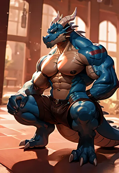 Strong, Large pecs, Raised sexy, Dragon, warrior, half squat, paw