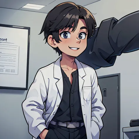 portrait, 1boy, solo, upper body shot, black button up shirt, white doctor_uniform, black pants, black eyes, black short hair, smiling, hands on pocket, (masterpiece, best quality:1.3)