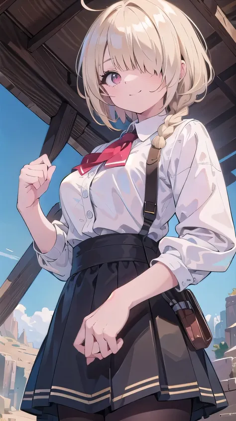 (masterpiece:1.2), (highest quality:1.2), perfect eyes, perfect face, perfect lighting, sunlight, outdoor, desert, 1 boy,blonde　red eye, ((((((hair over one eye)))))), Braid Styles, spiked hair, blunt bangs, bob hair, single braid, a braid, Ahoge, cute eye...