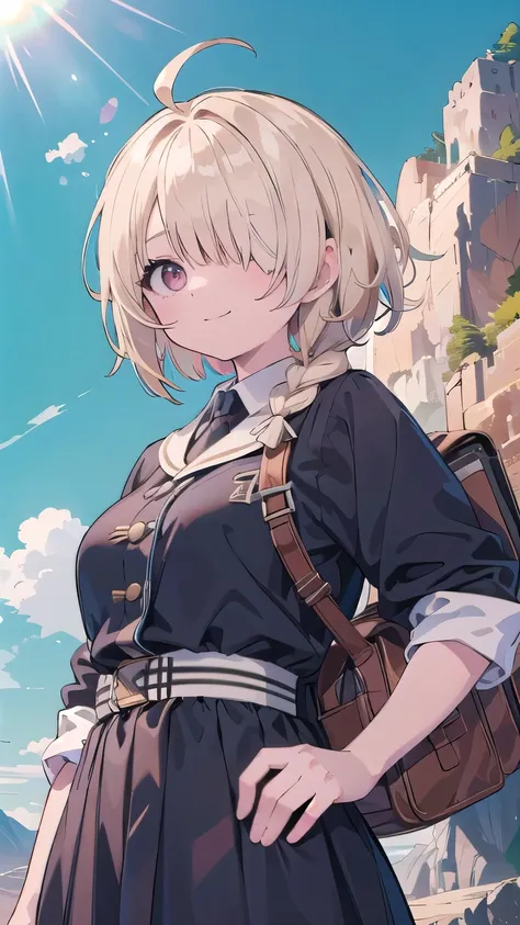 (masterpiece:1.2), (highest quality:1.2), perfect eyes, perfect face, perfect lighting, sunlight, outdoor, desert, 1 boy,blonde　red eye, ((((((hair over one eye)))))), Braid Styles, spiked hair, blunt bangs, bob hair, single braid, a braid, Ahoge, cute eye...