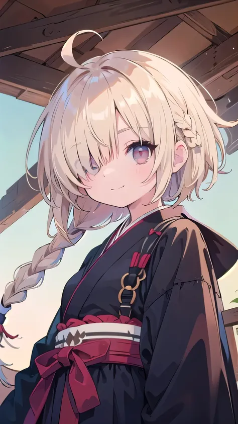 (masterpiece:1.2), (highest quality:1.2), perfect eyes, perfect face, perfect lighting, sunlight, outdoor, desert, 1 boy,blonde　red eye, ((((((hair over one eye)))))), Braid Styles, spiked hair, blunt bangs, bob hair, single braid, a braid, Ahoge, cute eye...