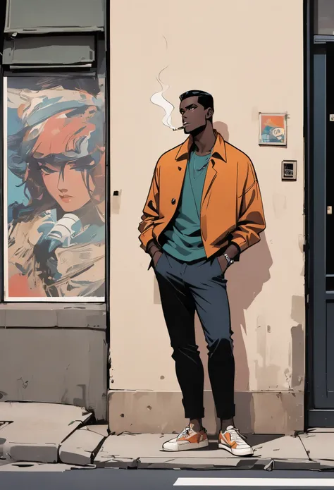 Stylish black man leaning against the wall，Standing on the street in New York smoking，American comics，Semi-thick painting