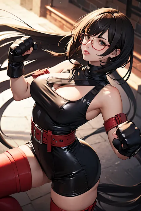 Wide angle, beautiful female fighter, wearing large glasses, black undercut hair, large steel knuckles